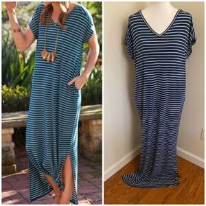 Matilda Jane Set Sail Striped Maxi Dress Teal Blue Stripes Small